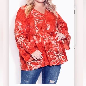 Avenue Boho Bell Sleeve Plus Size Top Size 16 Coral Floral V Neck NWT
